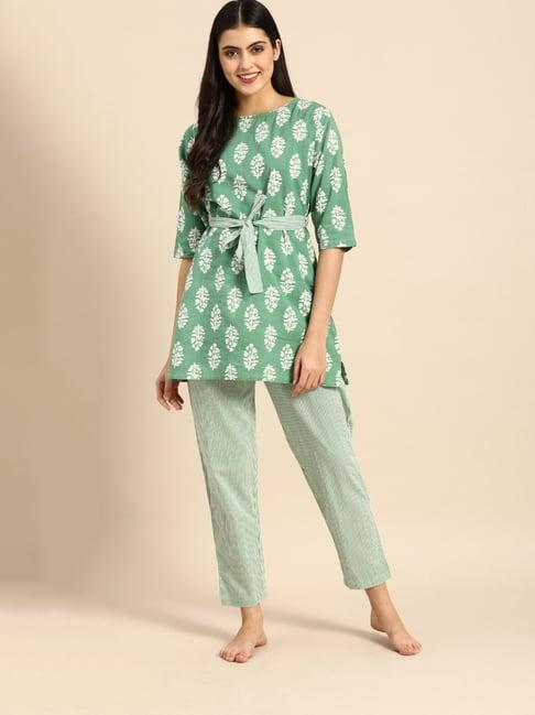 clt.s green printed tunic with pyjamas