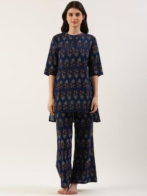 clt.s navy cotton floral print kurta with palazzos