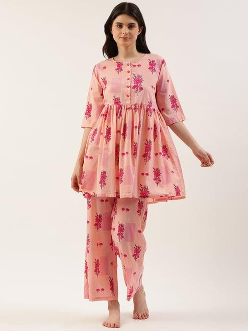 clt.s peach cotton floral print kurta with palazzos