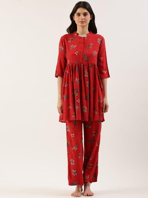 clt.s red floral print kurta with palazzos