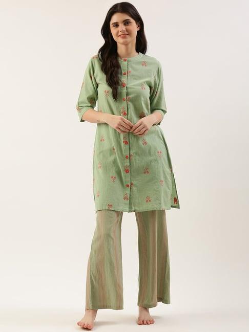 clt.s sage green cotton floral print kurta with palazzos