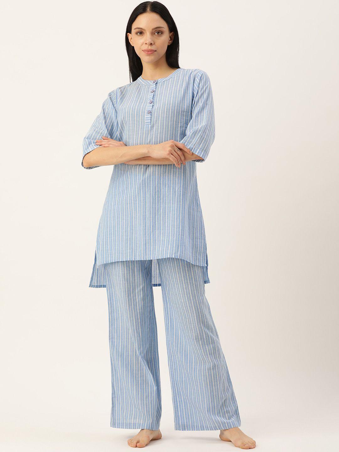 clt.s striped mandarin collar pure cotton night suit