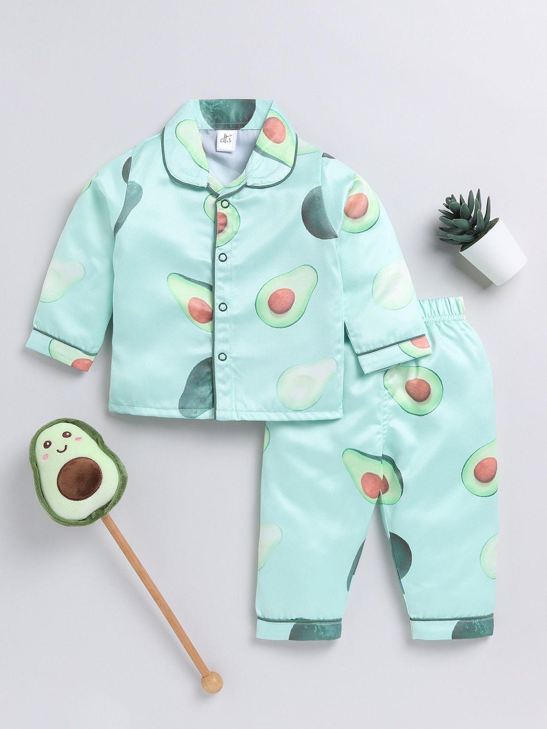 clt.s unisex kids conversational printed lapel collar satin shirt & lounge pants