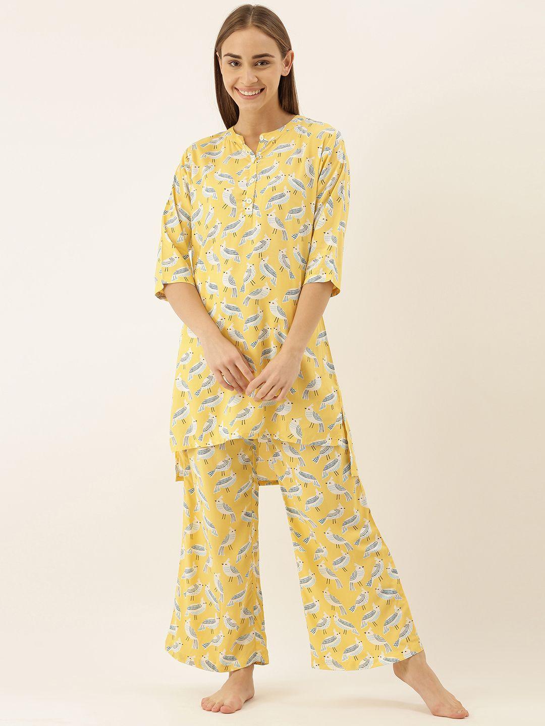 clt.s women 2 pc yellow & white conversational printed night suit set