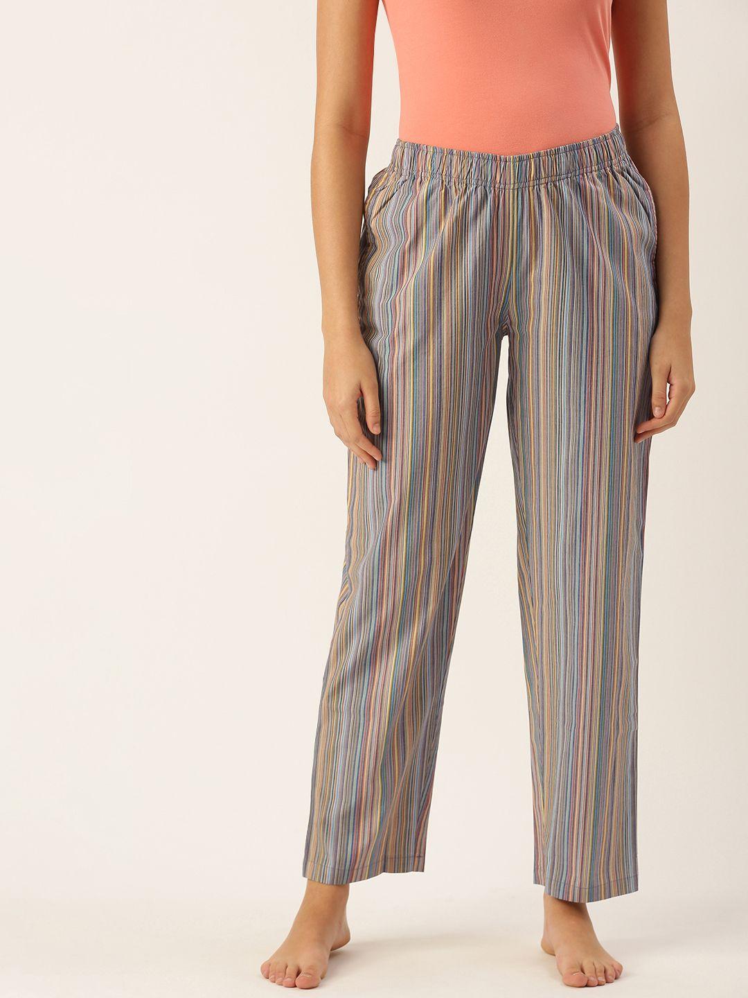 clt.s women blue & pink pure cotton striped lounge pyjamas