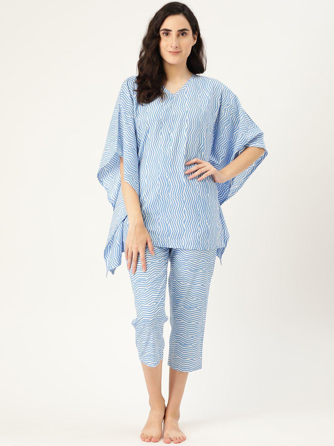 clt.s women blue & white pure cotton striped kaftan nightsuit