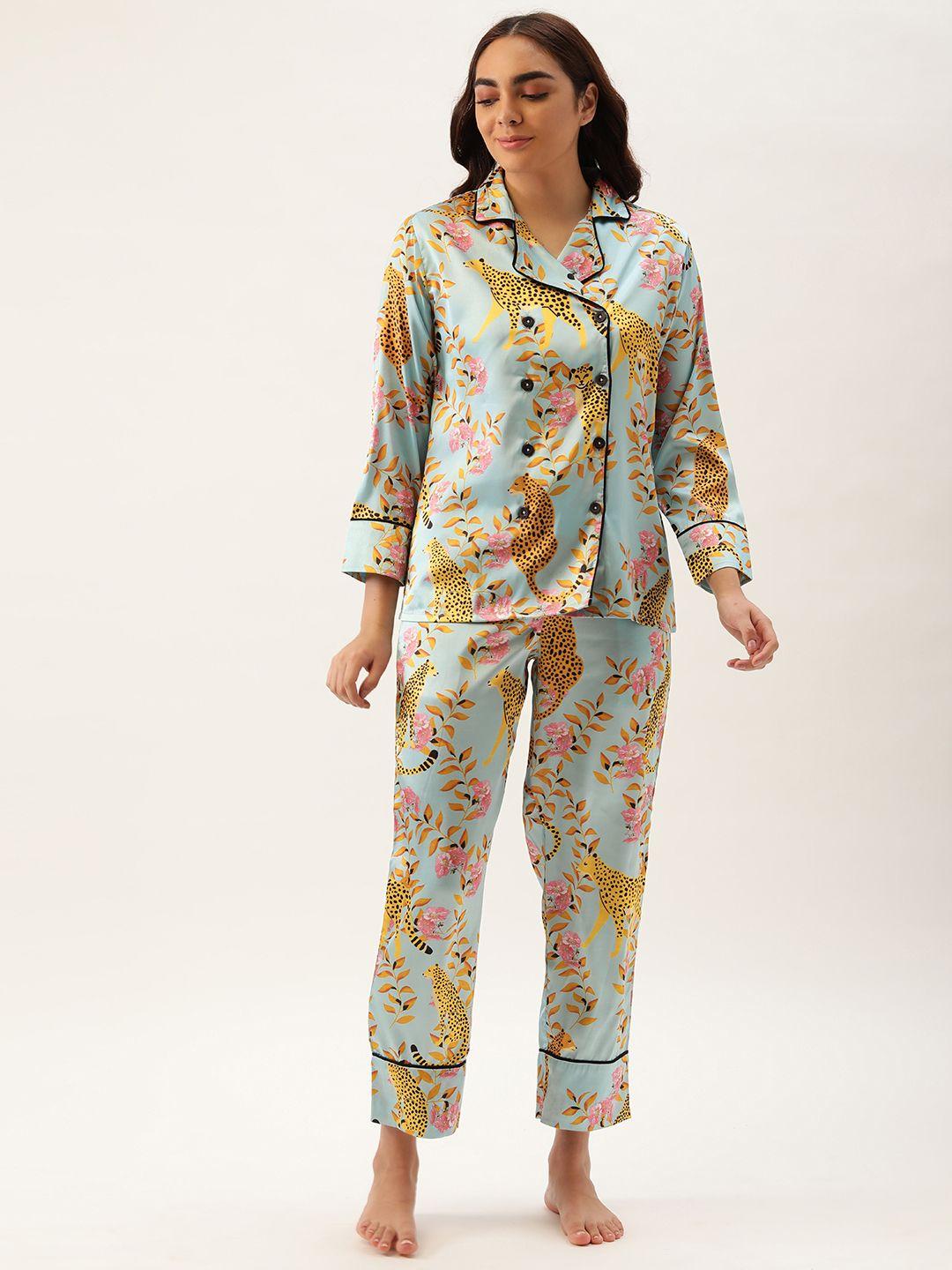 clt.s women blue & yellow conversational printed night suit