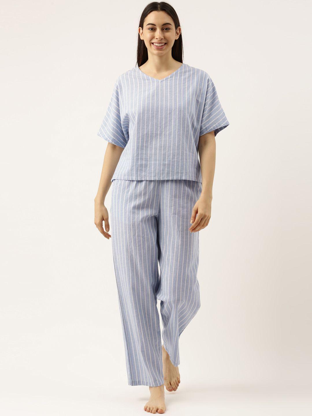 clt.s women blue pure cotton striped night suit c1166