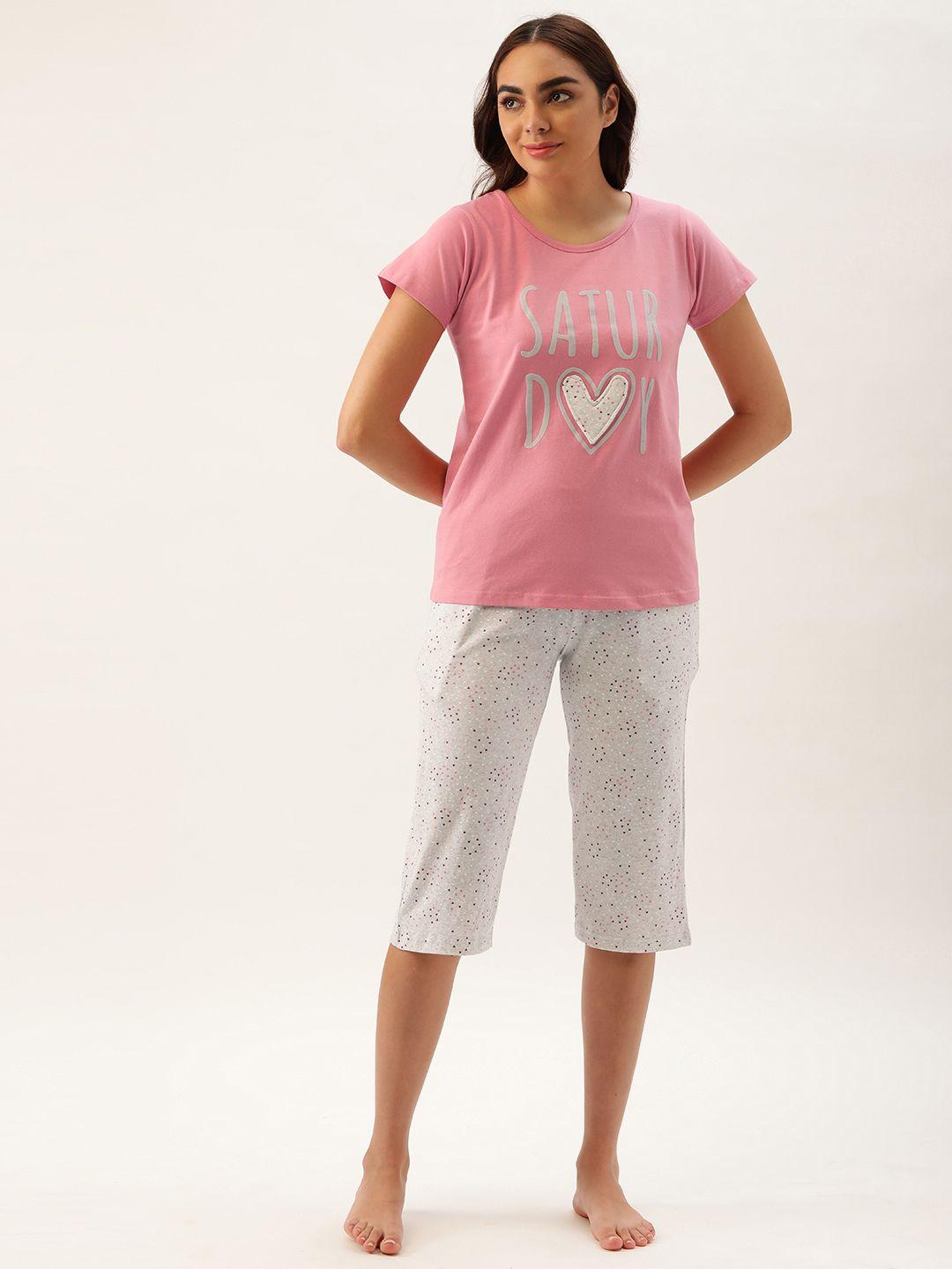 clt.s women dusty pink & white typography printed pure cotton capri set