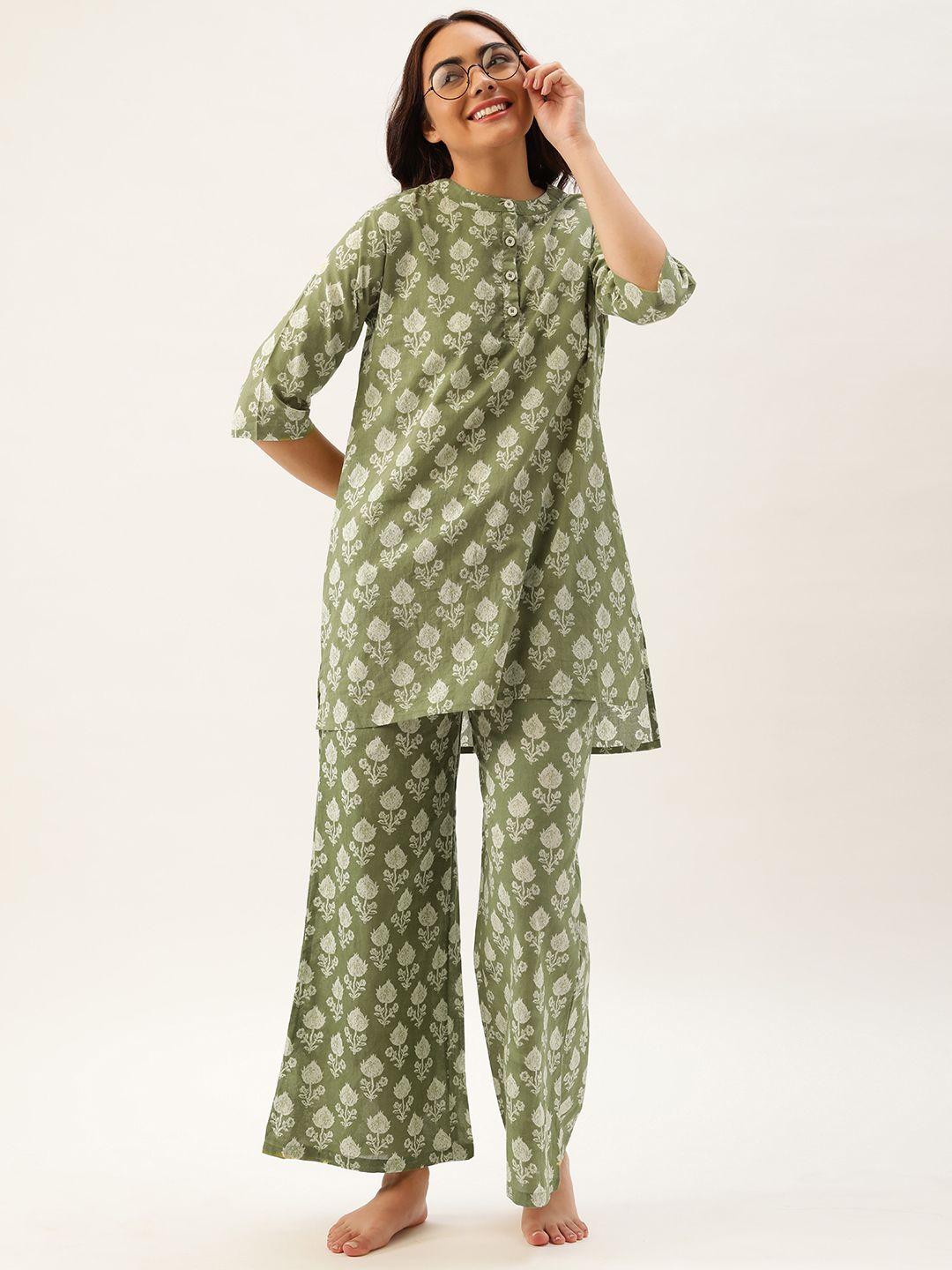 clt.s women green & white ethnic motifs printed pure cotton palazzo set