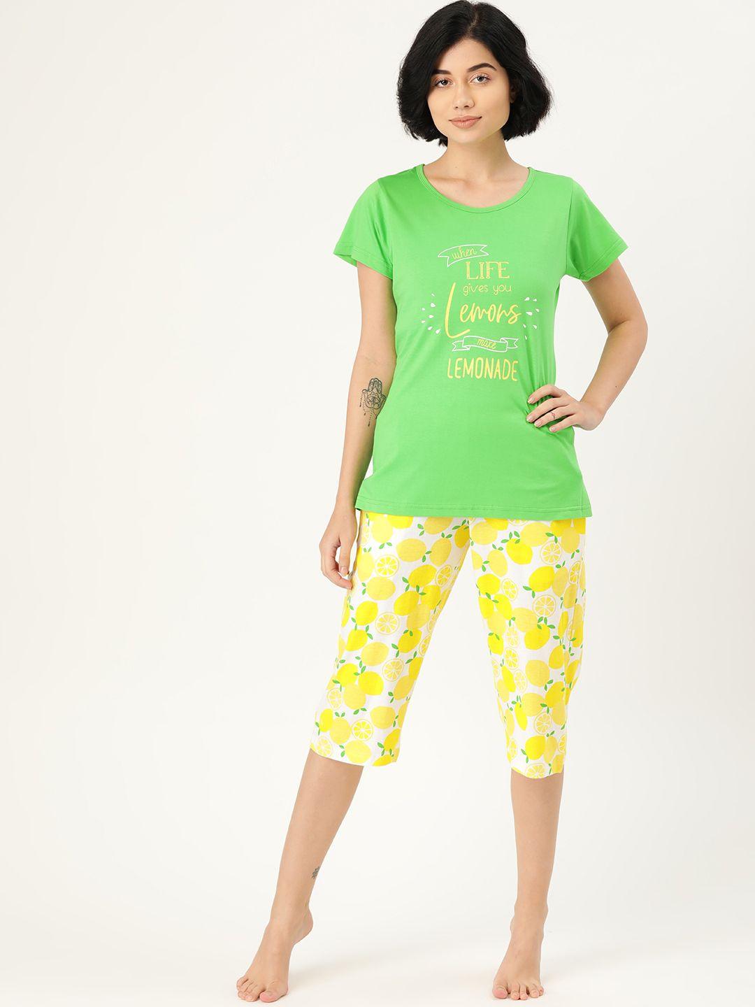 clt.s women green & yellow pure cotton printed night suit