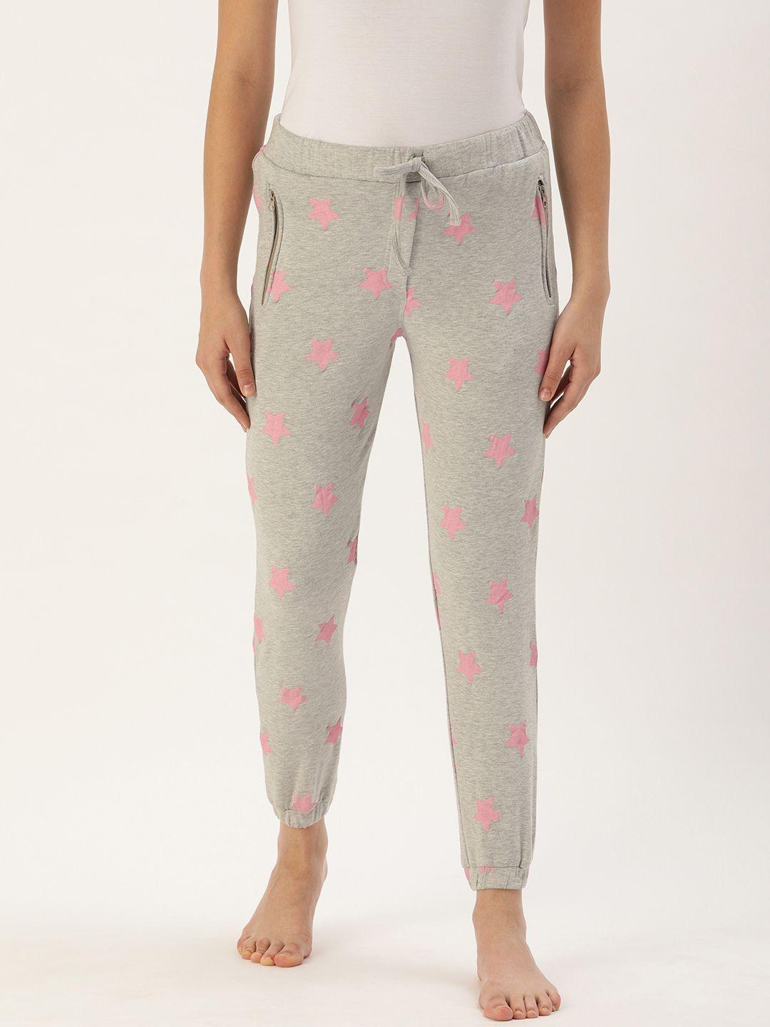 clt.s women grey & pink slim fit printed cropped lounge joggers