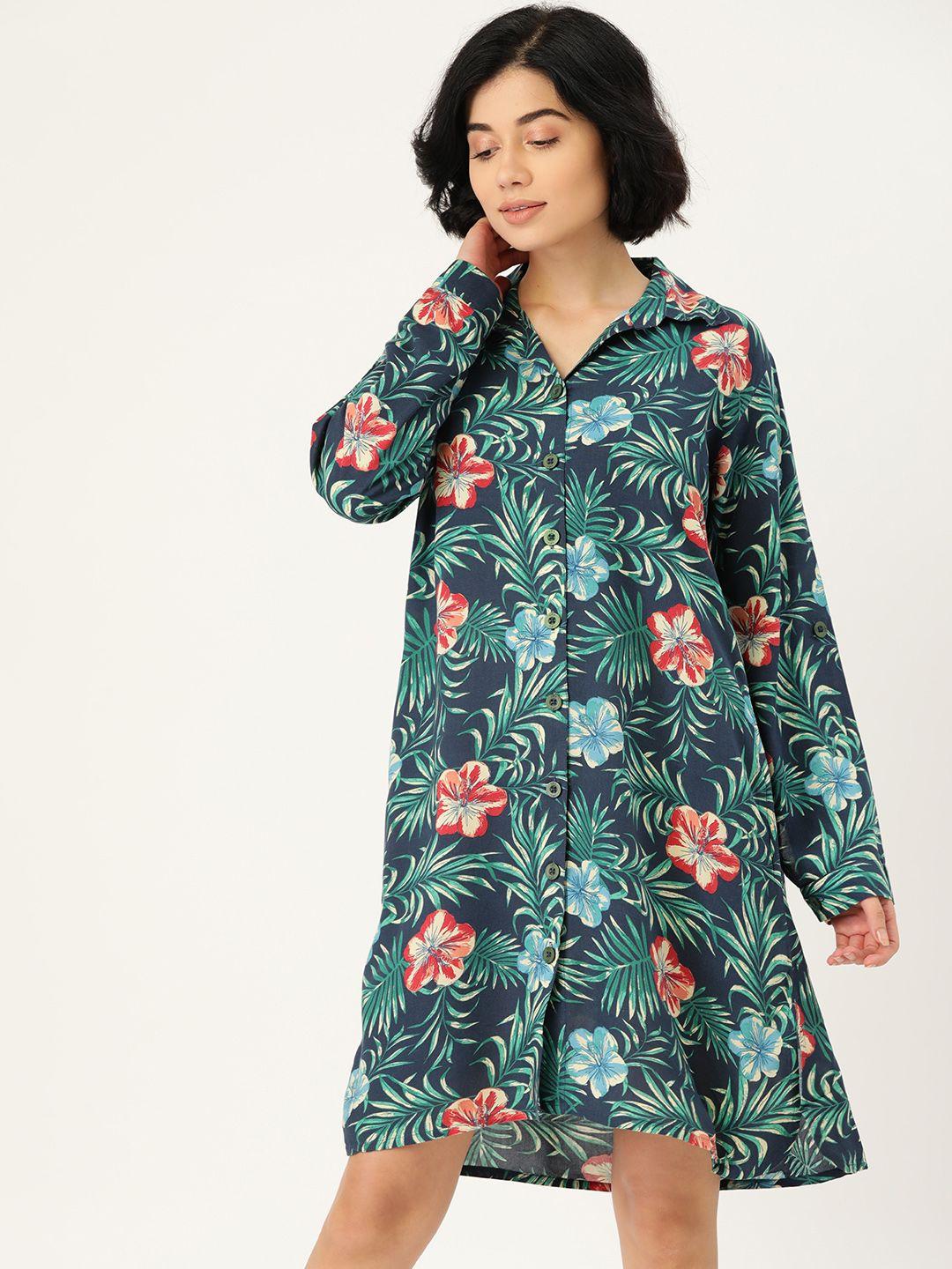 clt.s women navy blue & green pure cotton floral print sleep shirt