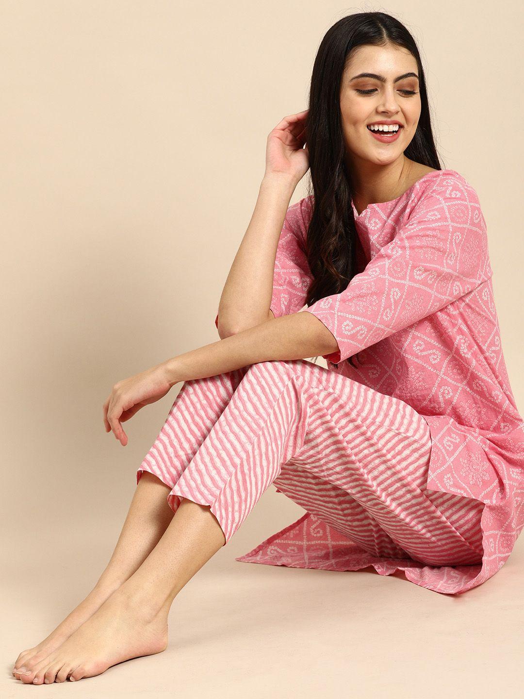 clt.s women peach-coloured & white printed pure cotton pyjamas set