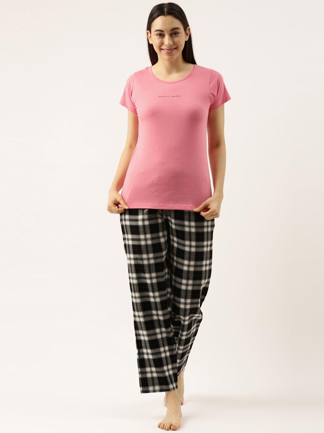 clt.s women pink & black checked pure cotton night suit