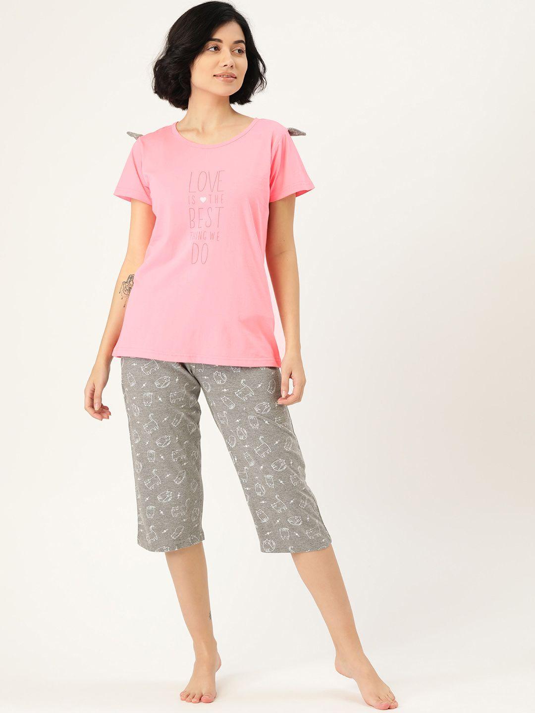 clt.s women pink & grey melange pure cotton printed nightsuit