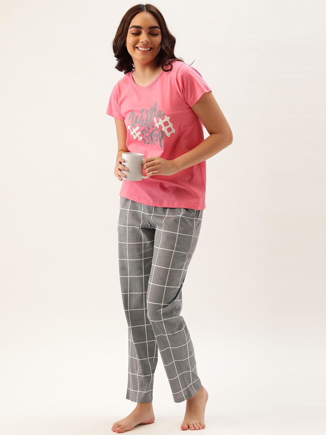 clt.s women pink & grey typography printed pure cotton pyjama set