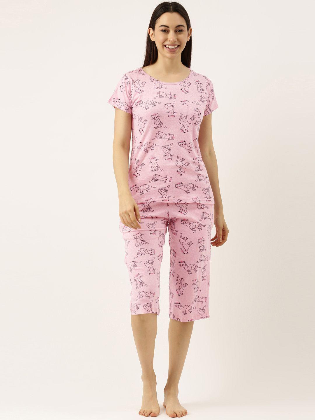 clt.s women pink printed pure cotton night suit