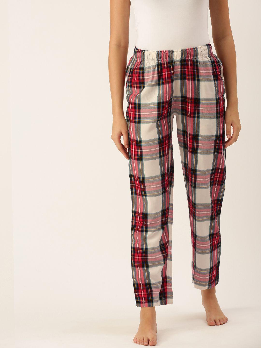 clt.s women red & white pure cotton checked lounge pyjamas
