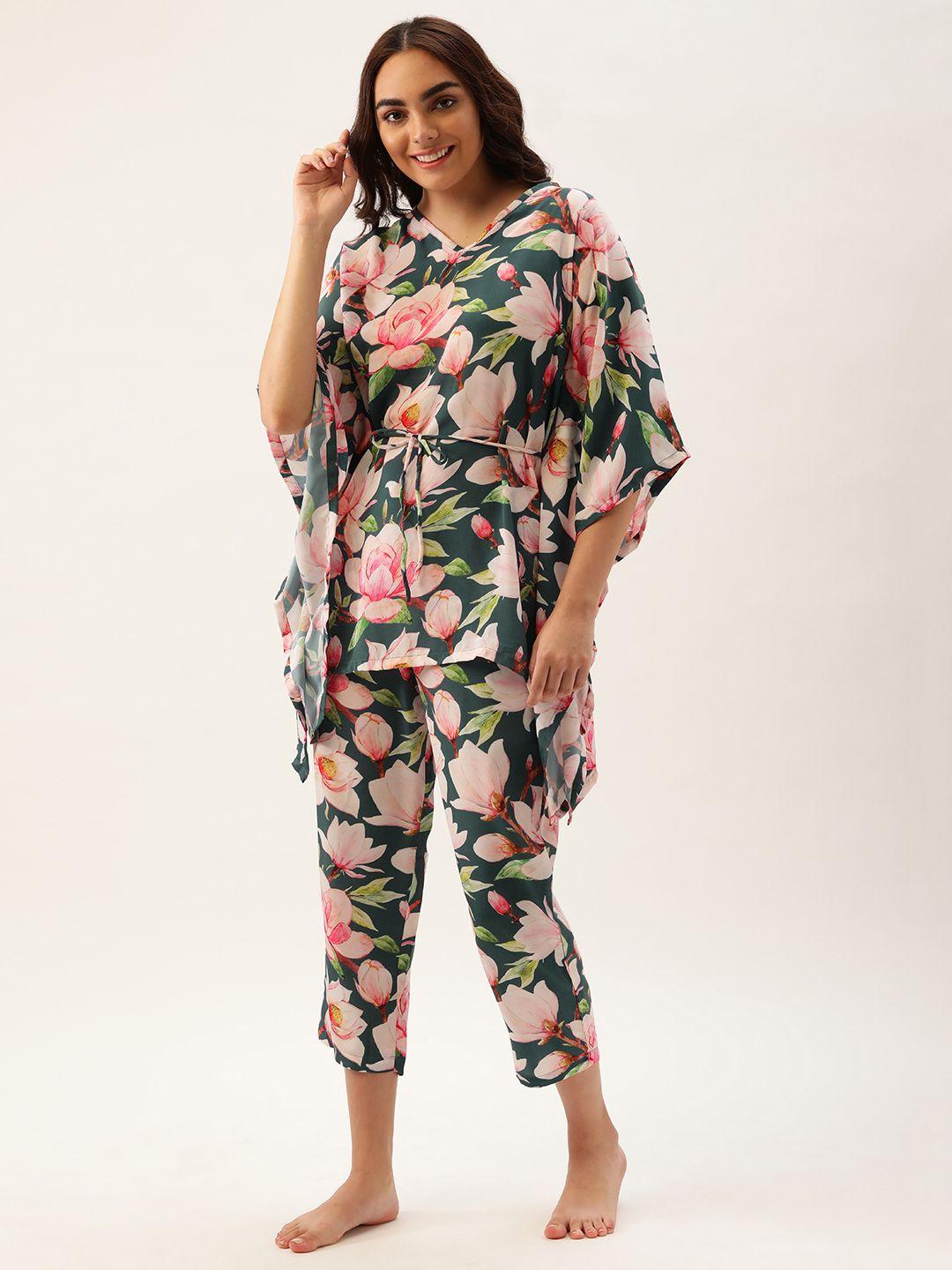 clt.s women teal blue & pink floral printed pyjama set