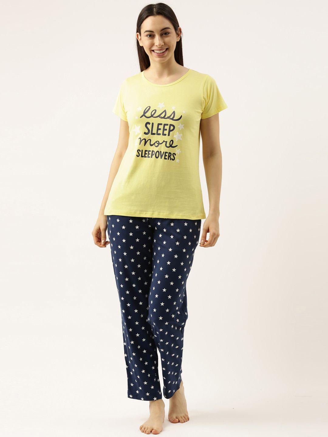 clt.s women yellow & navy blue printed pure cotton night suit