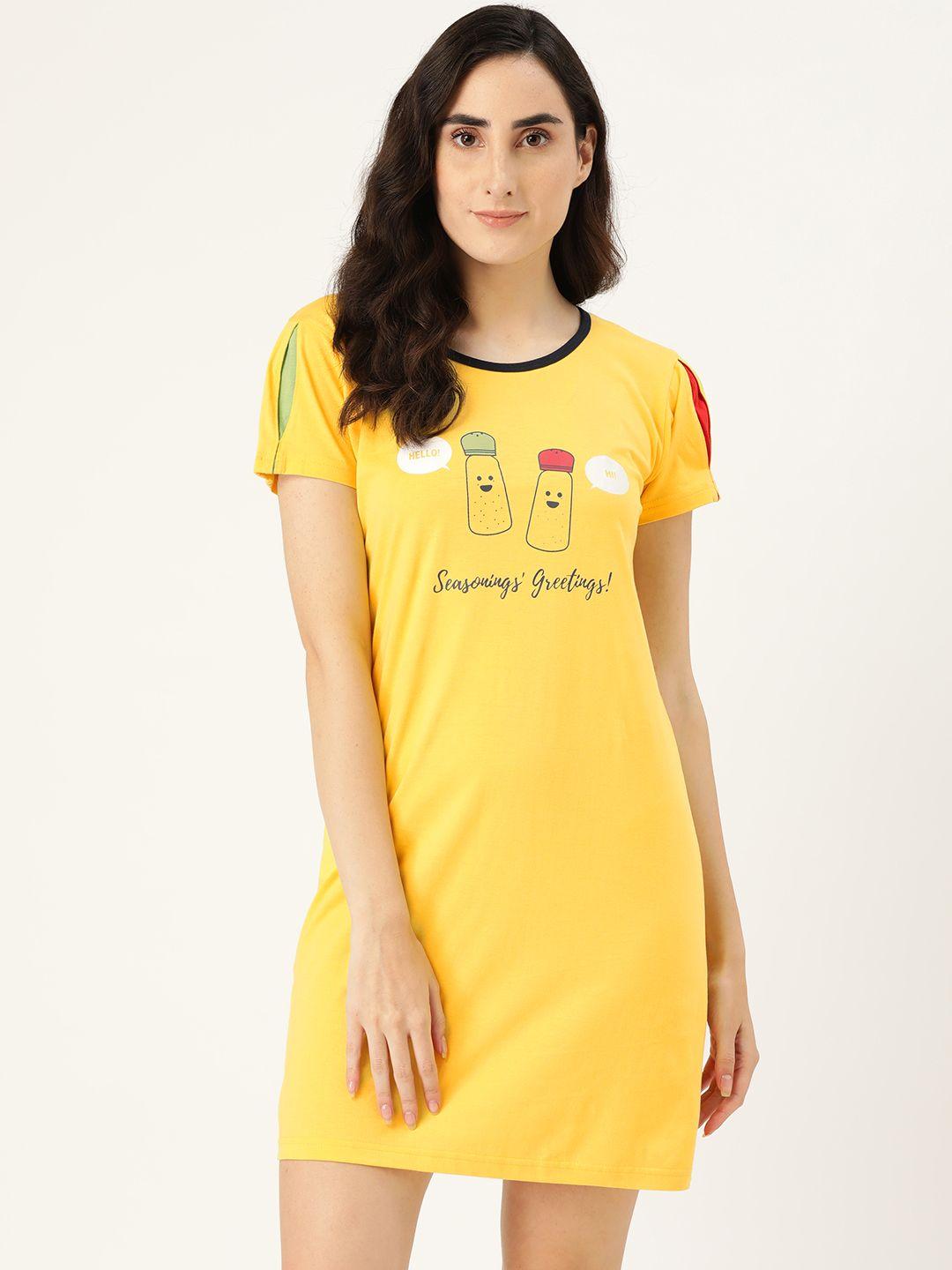 clt.s women yellow printed pure cotton knitted sleep dress