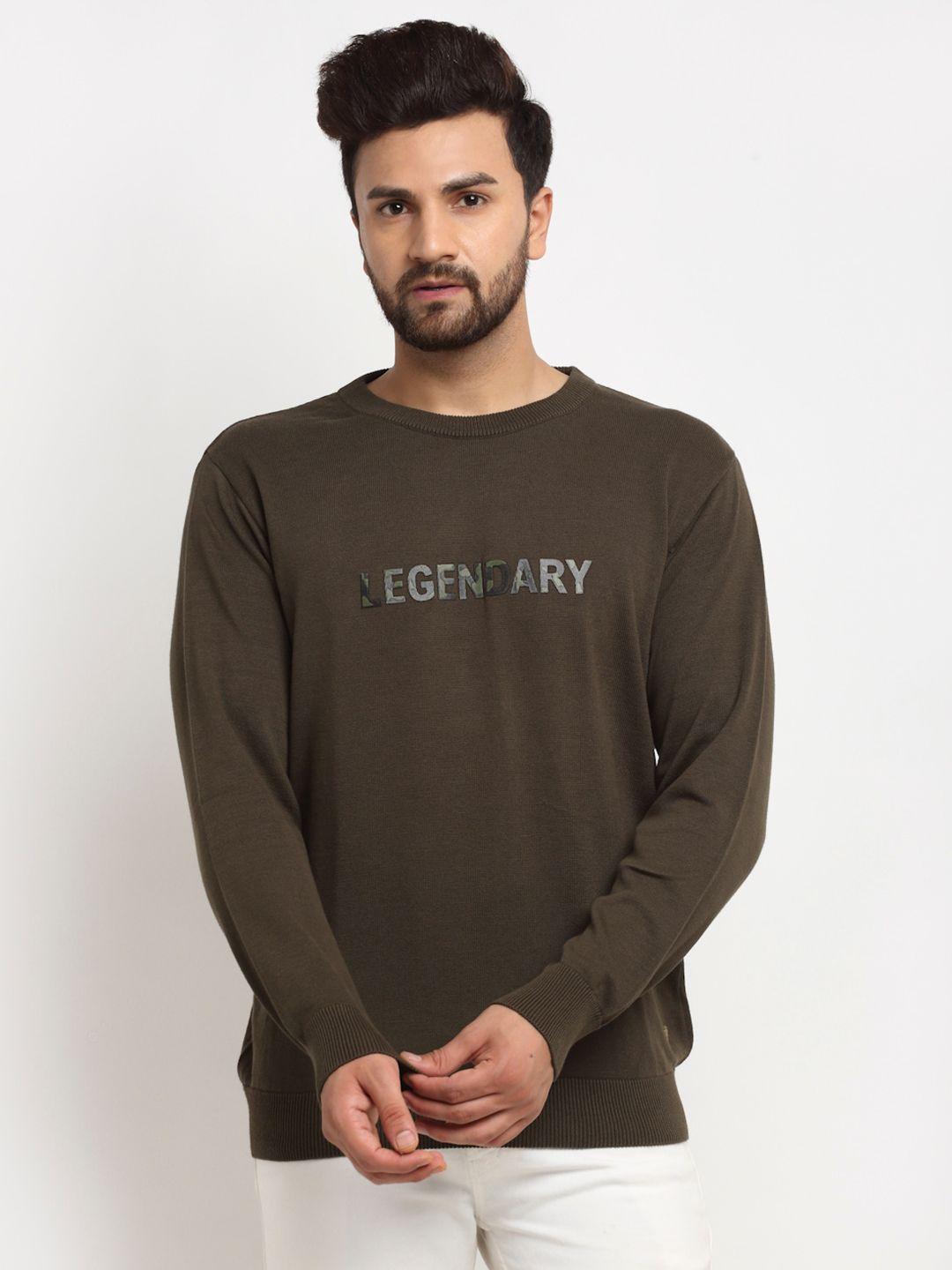 club york men olive green & grey typography printed pullover