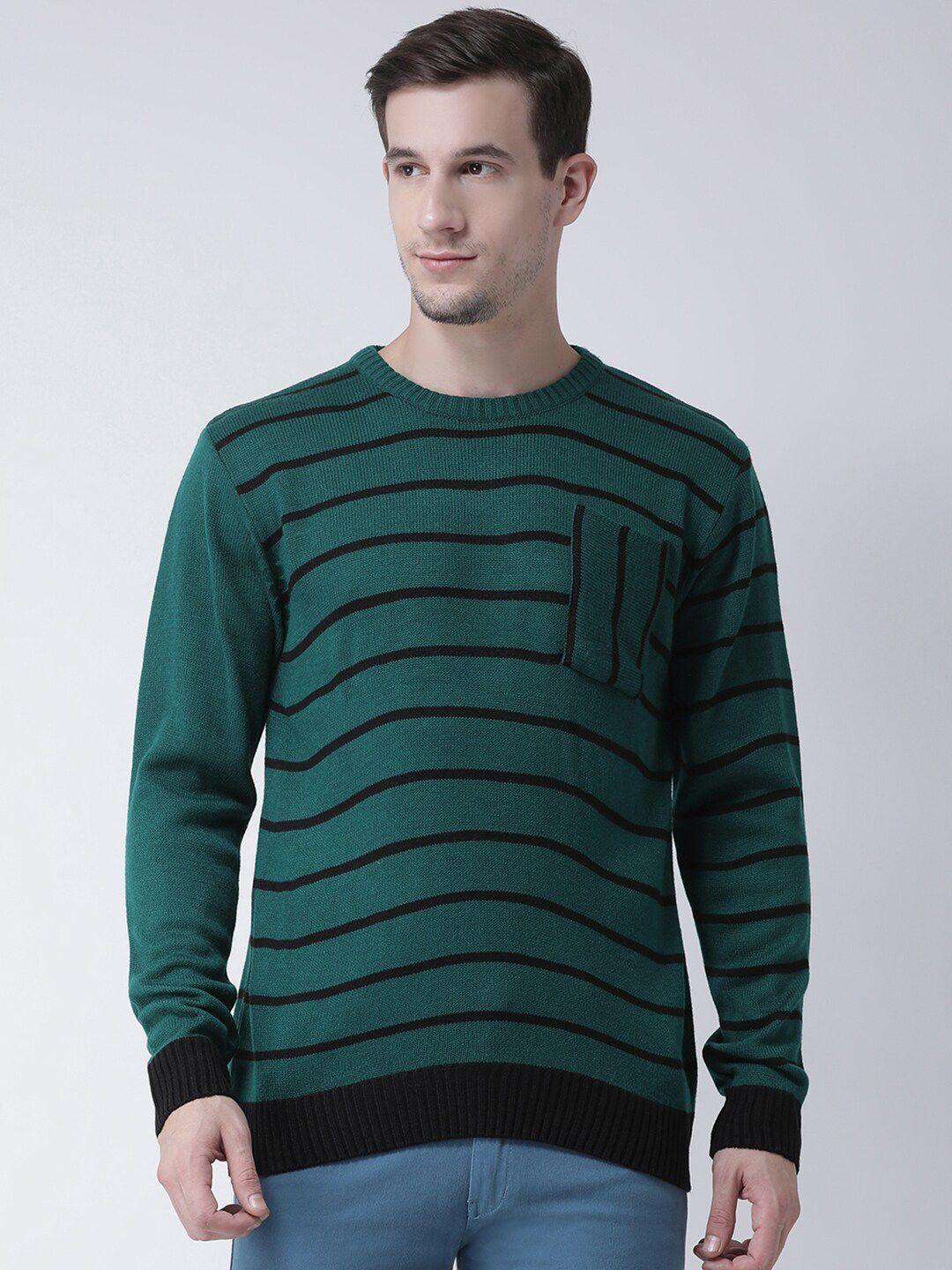 club york men teal & black striped acrylic pullover sweater