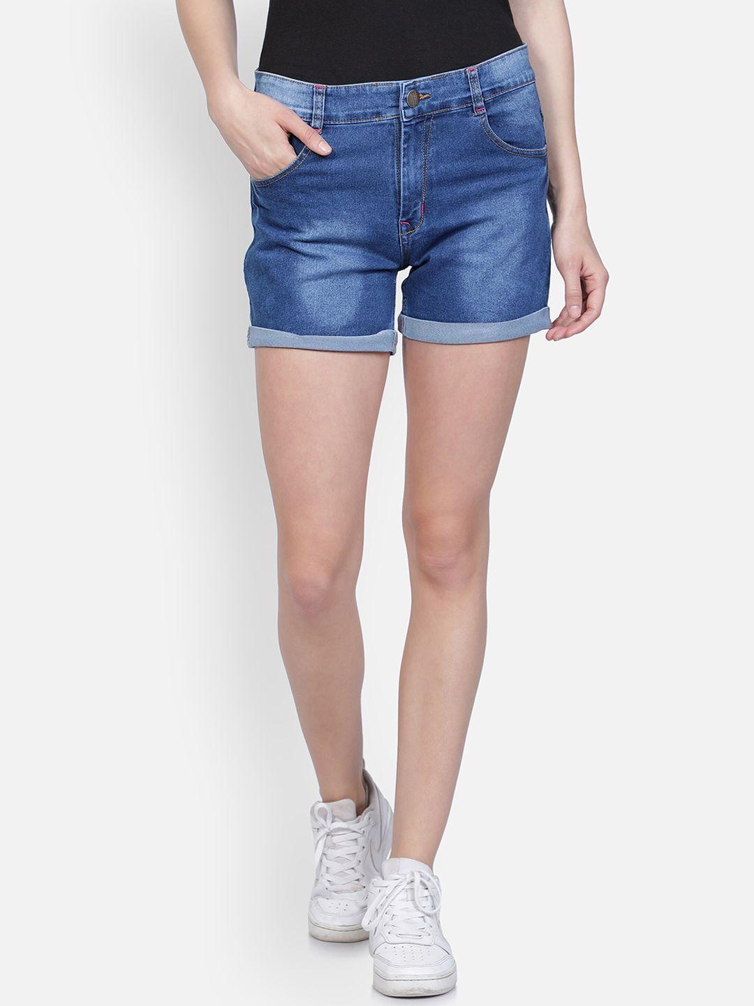 club a9 women navy blue washed stretchable denim shorts