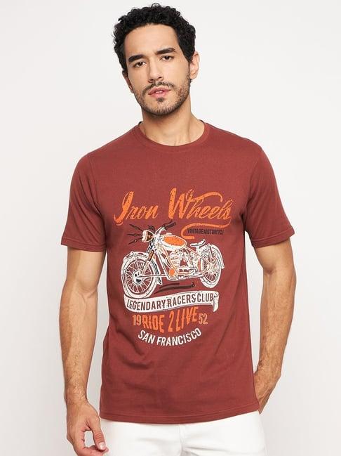 club york brown cotton regular fit printed t-shirt