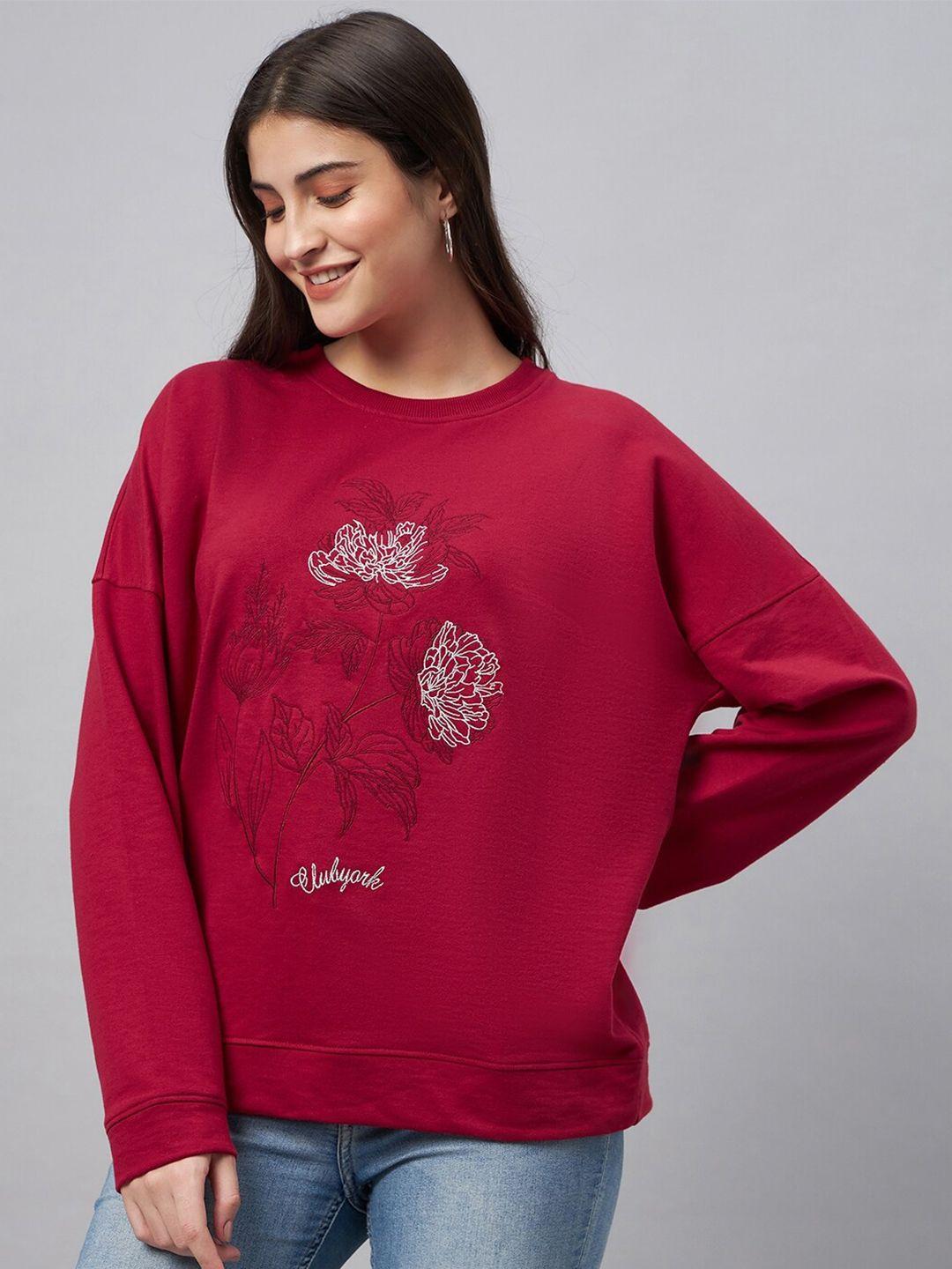 club york floral printed round neck long sleeves cotton terry pullover sweatshirt