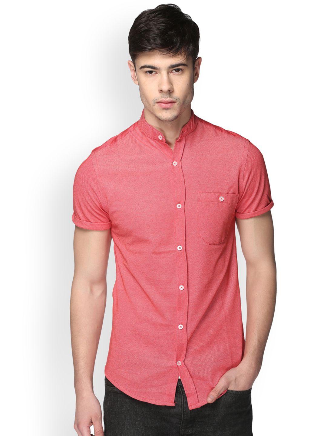 club york men coral red regular fit solid casual shirt