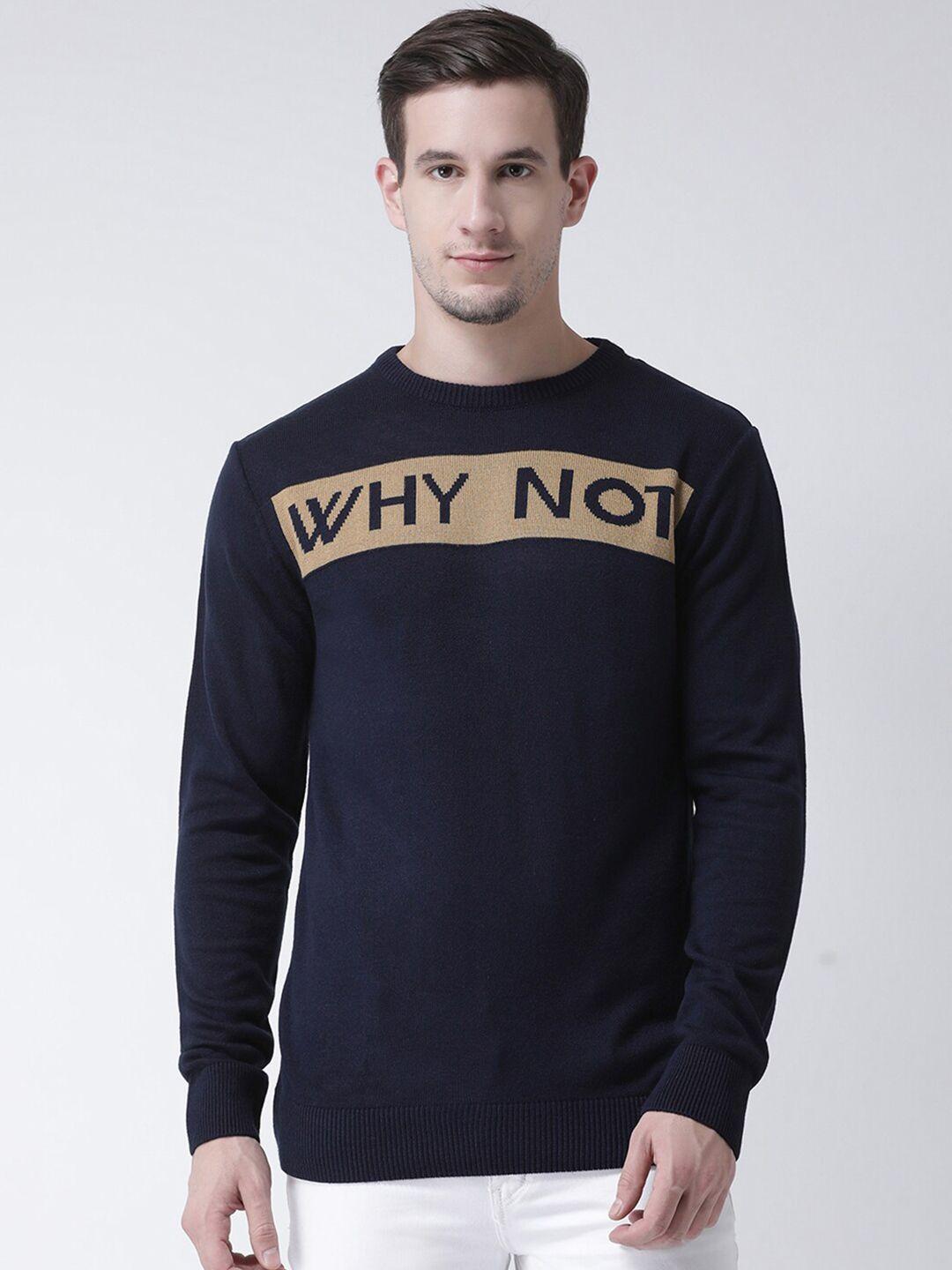 club york men navy blue & brown typography printed pullover