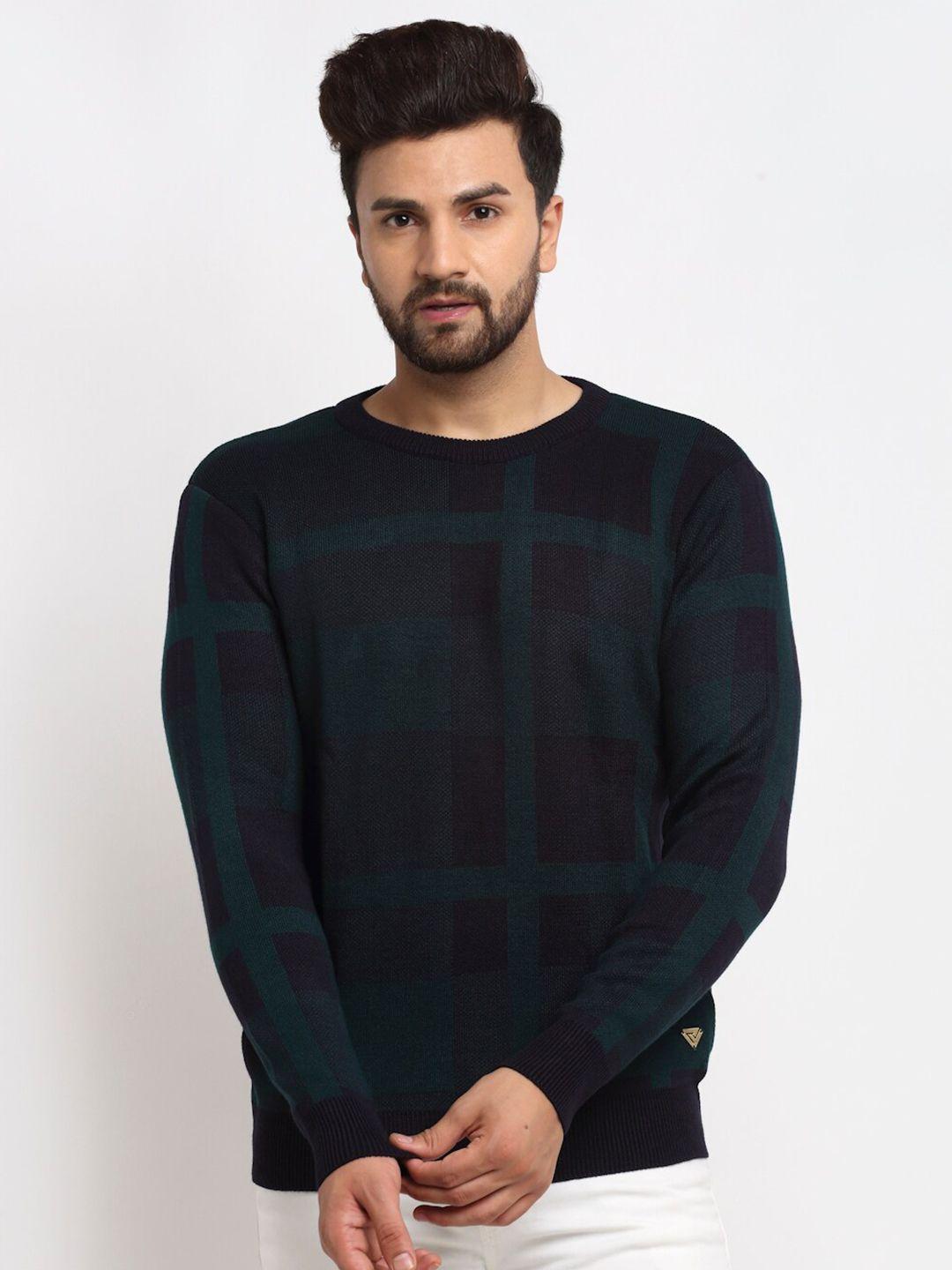 club york men navy blue & green checked pullover