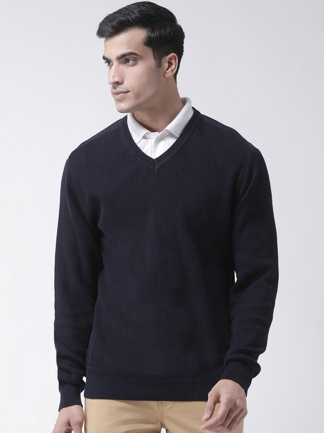 club york men navy blue self design pullover sweater