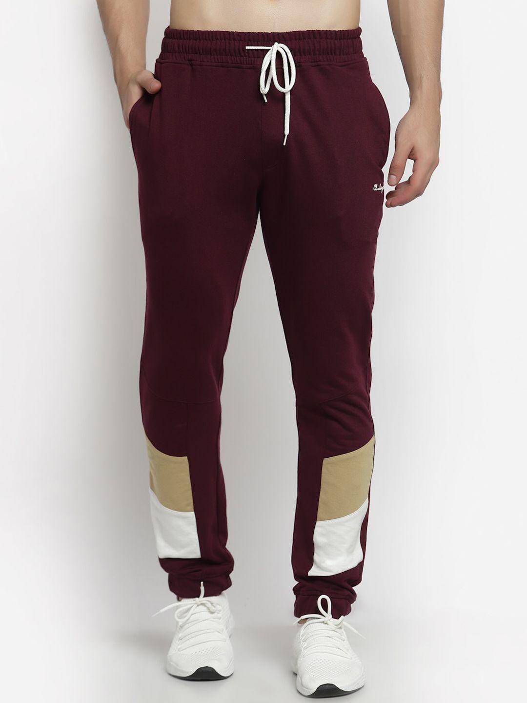 club york men wine-maroon & beige colorblocked joggers