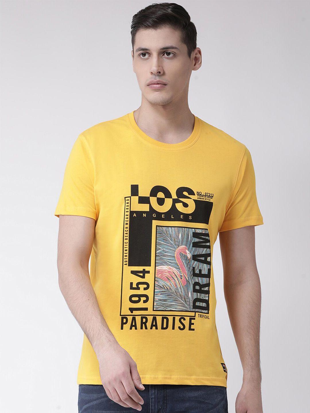 club york men yellow typography printed cotton t-shirt