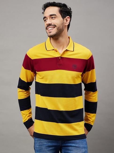 club york mustard regular fit striped polo t-shirt