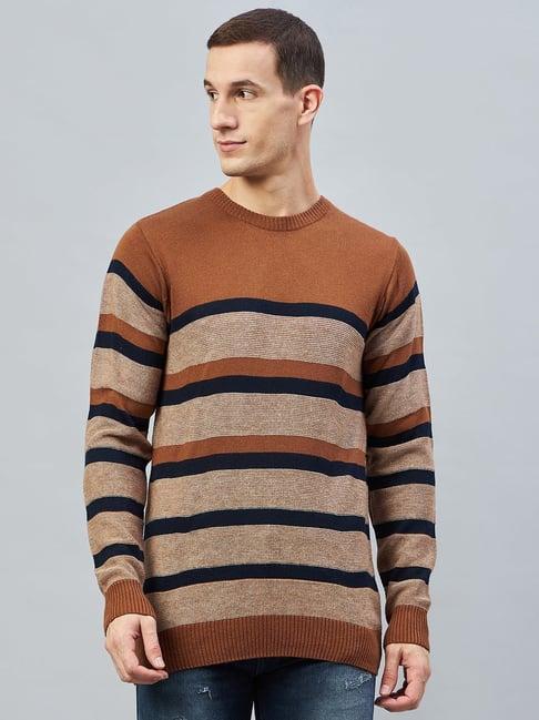 club york rust regular fit round neck striped sweater