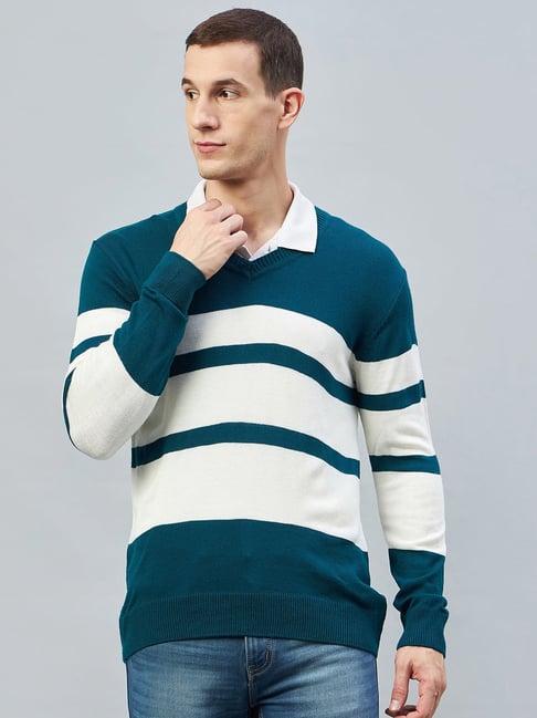 club york teal & white regular fit v neck striped sweater