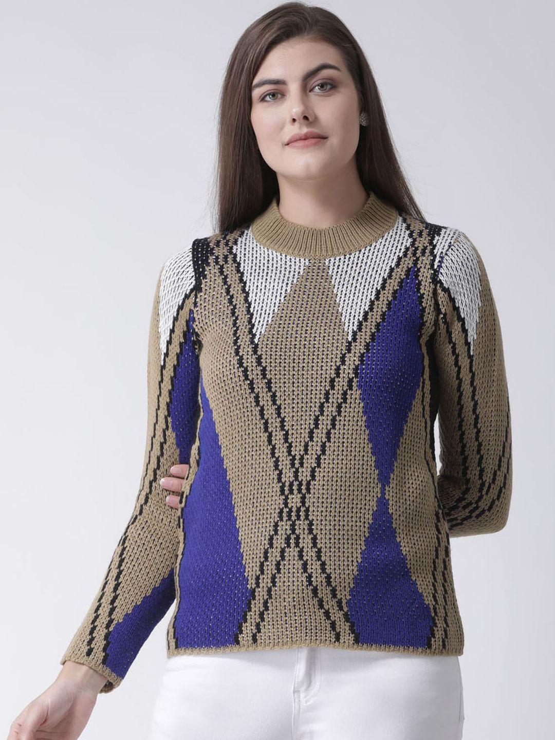 club york women beige & blue printed pullover acrylic sweater