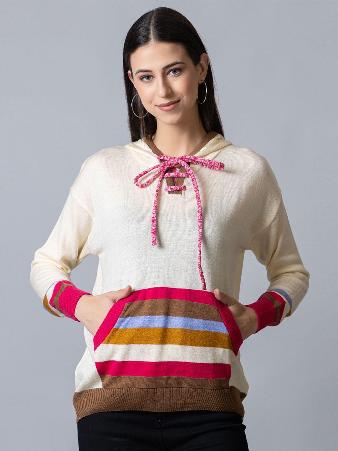 club york women full sleeve colourblocked hooded acrylic pullover