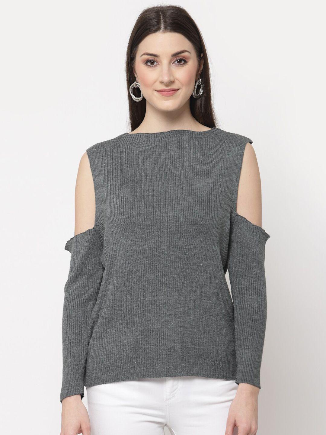 club york women grey ribbed cold shoulder sleeves pullover