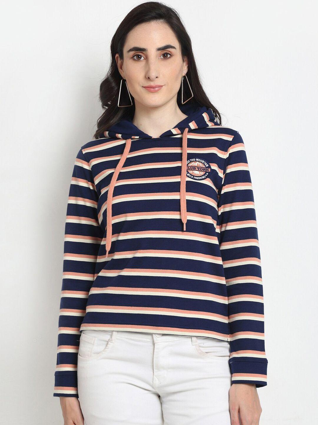 club york women navy blue & peach striped hooded sweatshirt