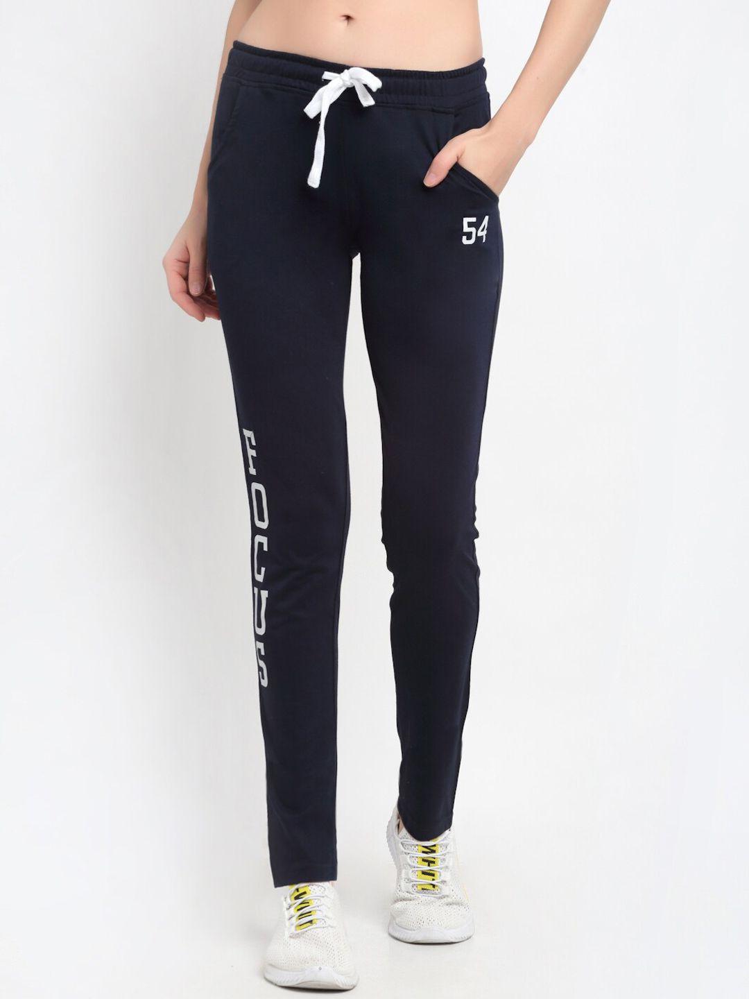 club york women navy blue typography printed straight-fit track pants