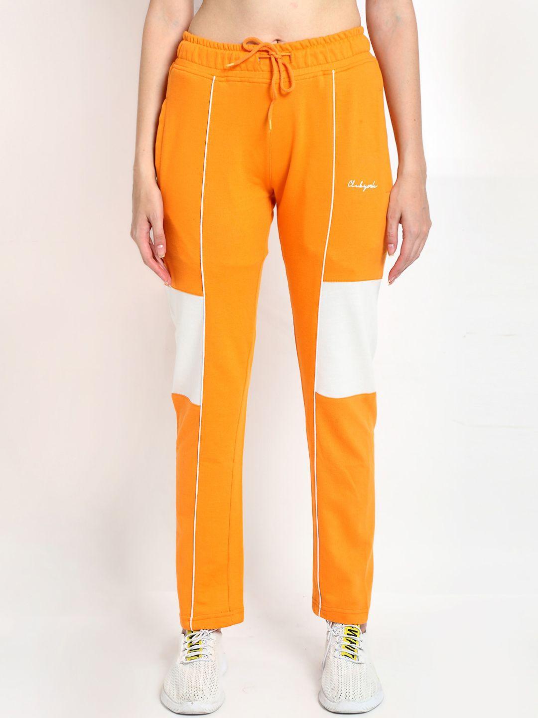 club york women orange & white colourblocked straight- fit track pants