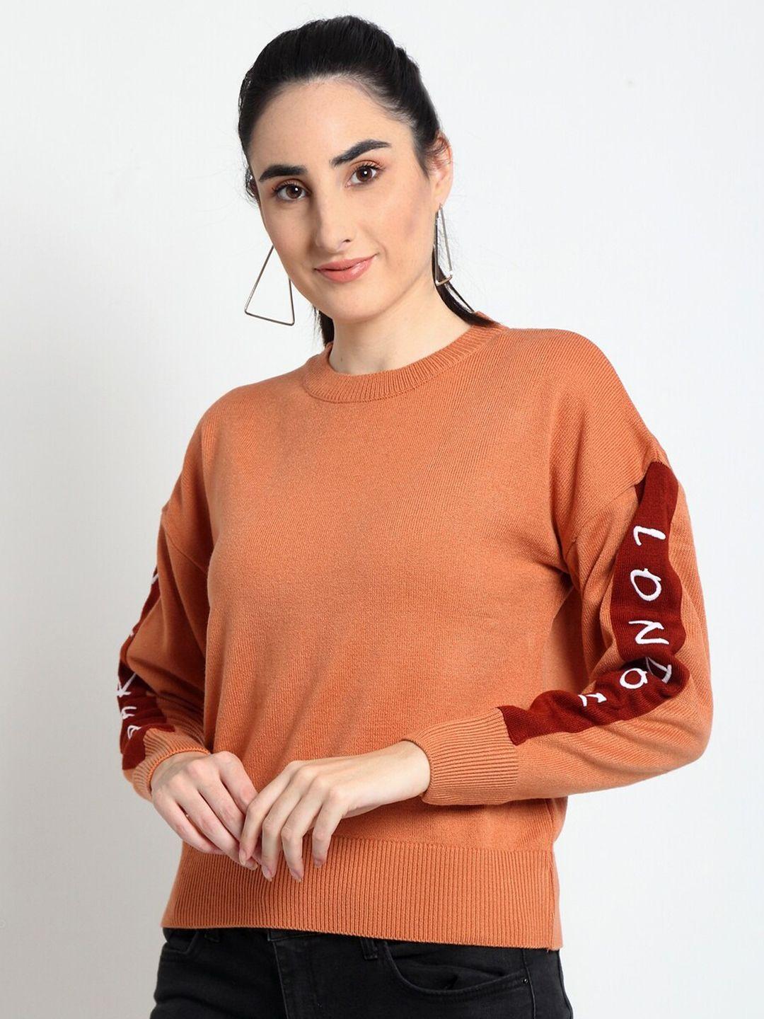 club york women peach-coloured & maroon typography printed pullover