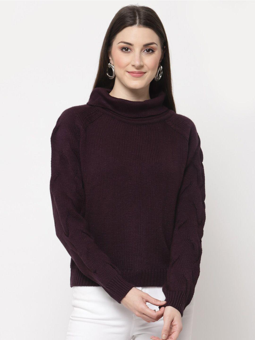 club york women purple self design high neck acrylic pullover