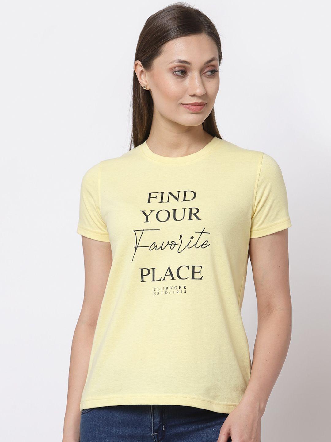 club york women yellow solid typography printed t-shirt