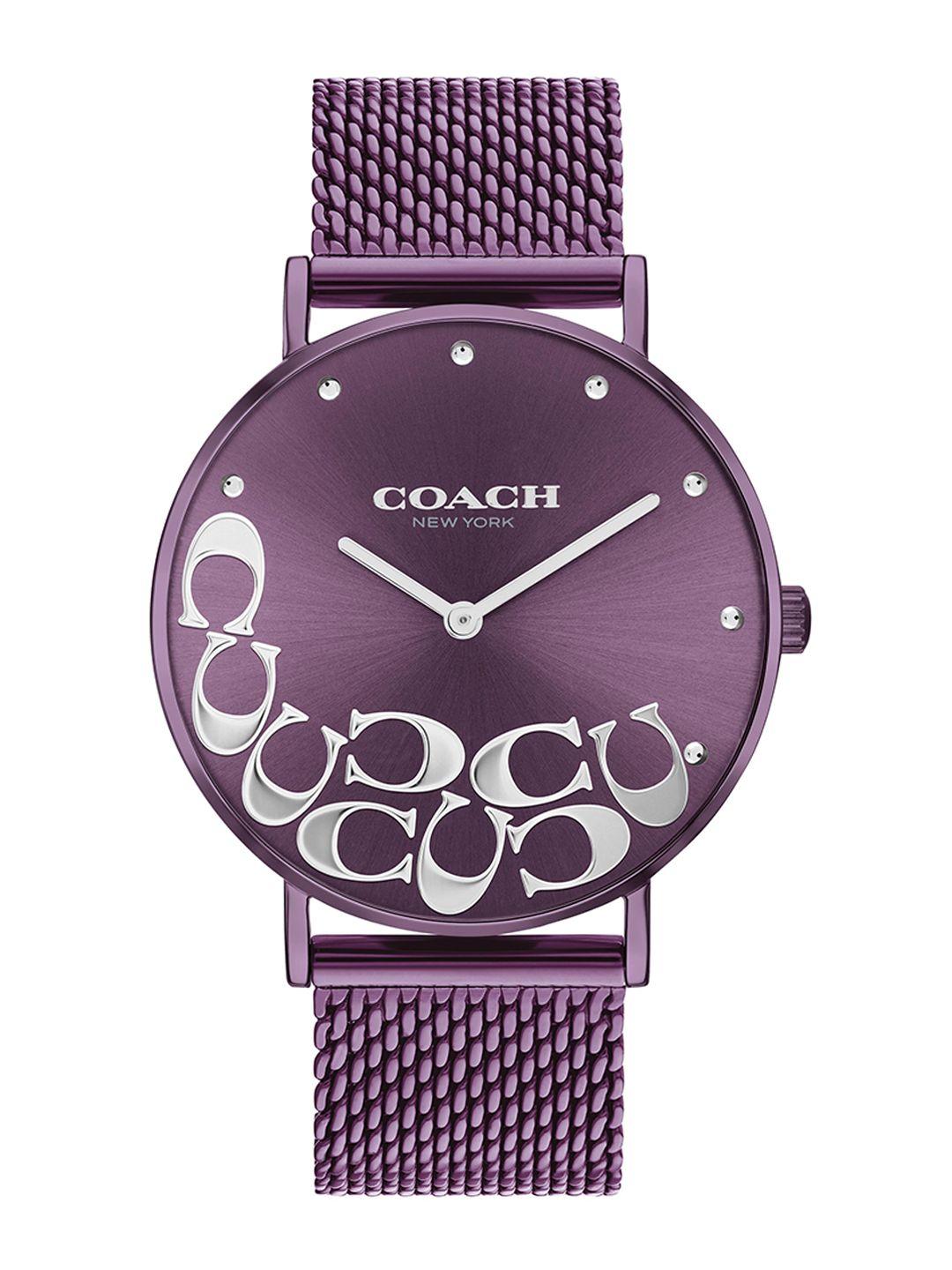 coach women purple embellished dial & purple stainless steel bracelet style straps analogue watch